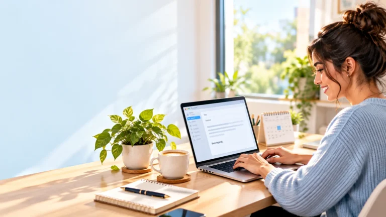 Professional writing a friendly closing line in an email on a laptop