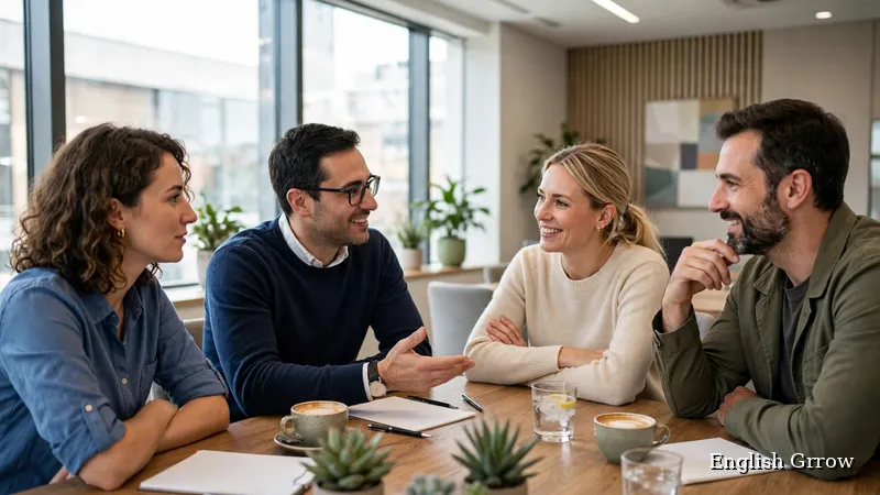 Two friendly colleagues discussing work beside a laptop in a bright office