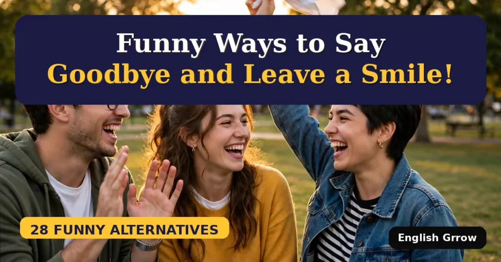 Three laughing friends waving goodbye in a sunny park, one waving a handkerchief overhead