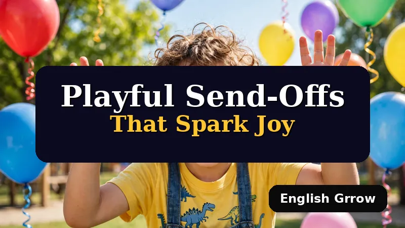A cheerful child with a goofy grin waving goodbye with both hands, balloons floating around