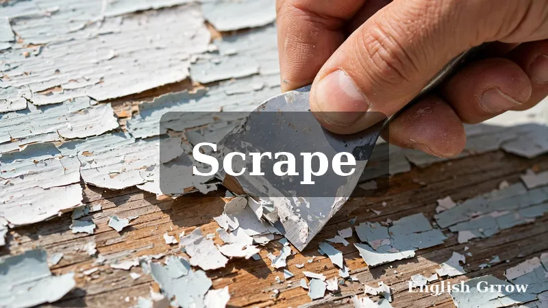 A hand scraping old paint off a wooden surface showing the meaning of the word scrape