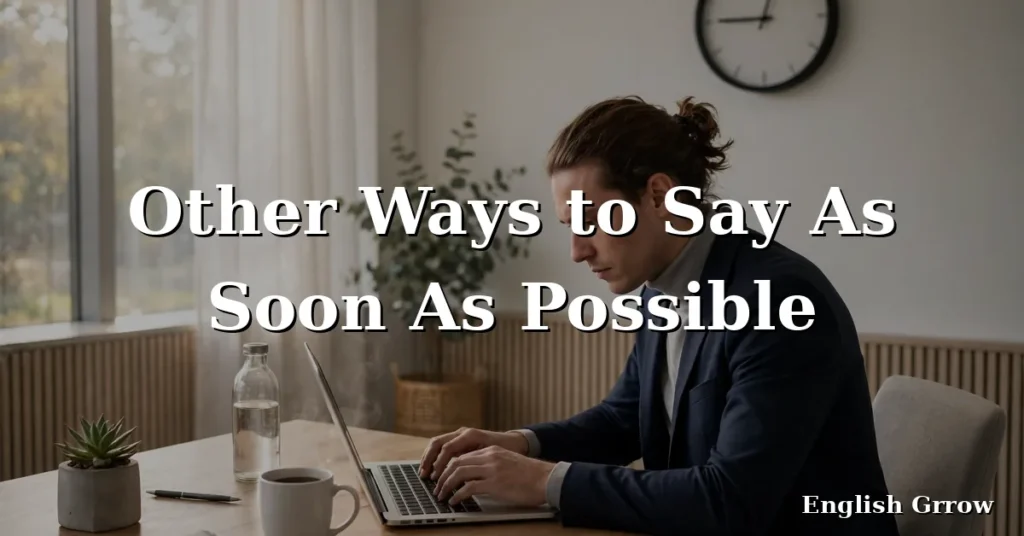 Office worker typing an urgent email at a desk with a wall clock, featured image for 25 other ways to say as soon as possible