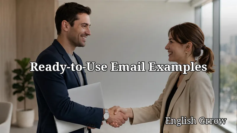Two professionals shaking hands in a bright office, illustrating polished business email closings