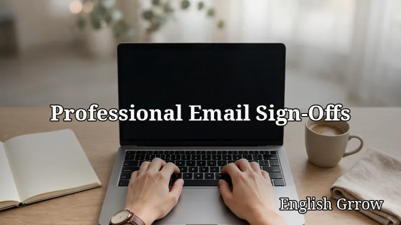 Professional email sign-offs written on a laptop at a modern office desk