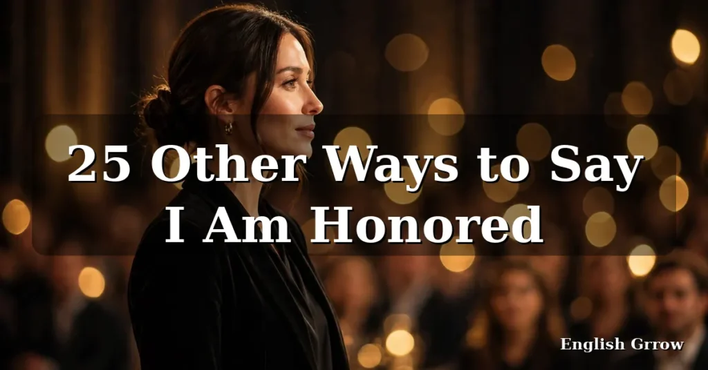 Woman in formal attire at a recognition ceremony with warm golden lights, featured image for other ways to say I am honored