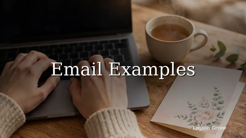 Hands typing a caring message on a laptop beside a cup of tea and a card, illustrating ready-to-use email examples for get-well wishes