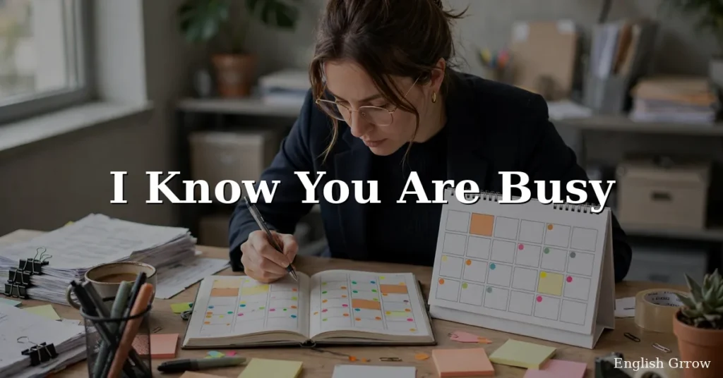 Busy professional at a desk with a laptop and calendar, illustrating polite ways to say I know you are busy