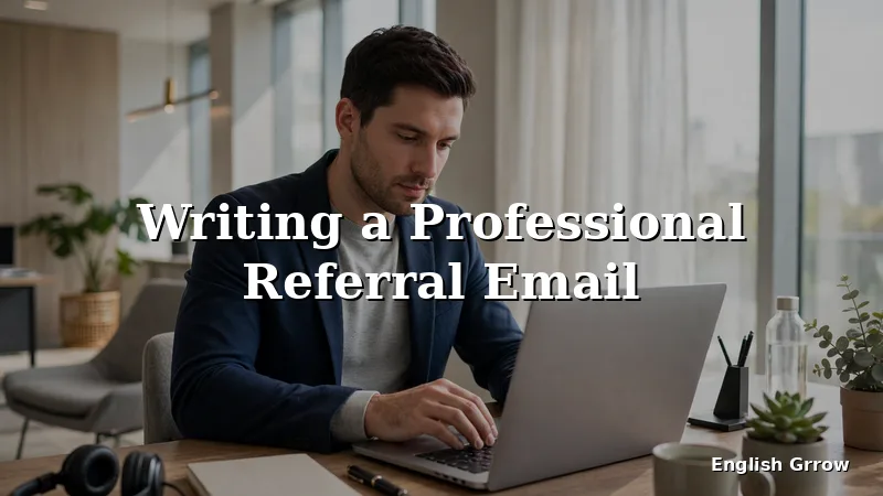 A professional writing a polite referral email on a laptop in a bright modern office
