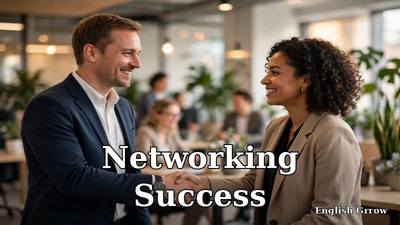 Two professionals shaking hands at a networking event with a bright modern office background