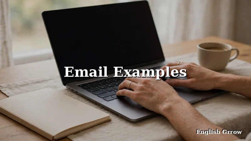 Hands typing a polite business email on a laptop at a tidy desk