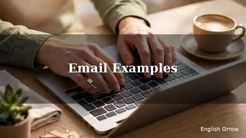 Hands typing a polite business email on a laptop beside a coffee cup