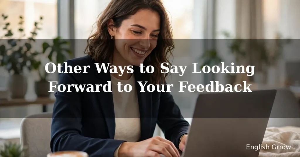 Other ways to say looking forward to your feedback, a professional writing a polite business email in a bright modern office