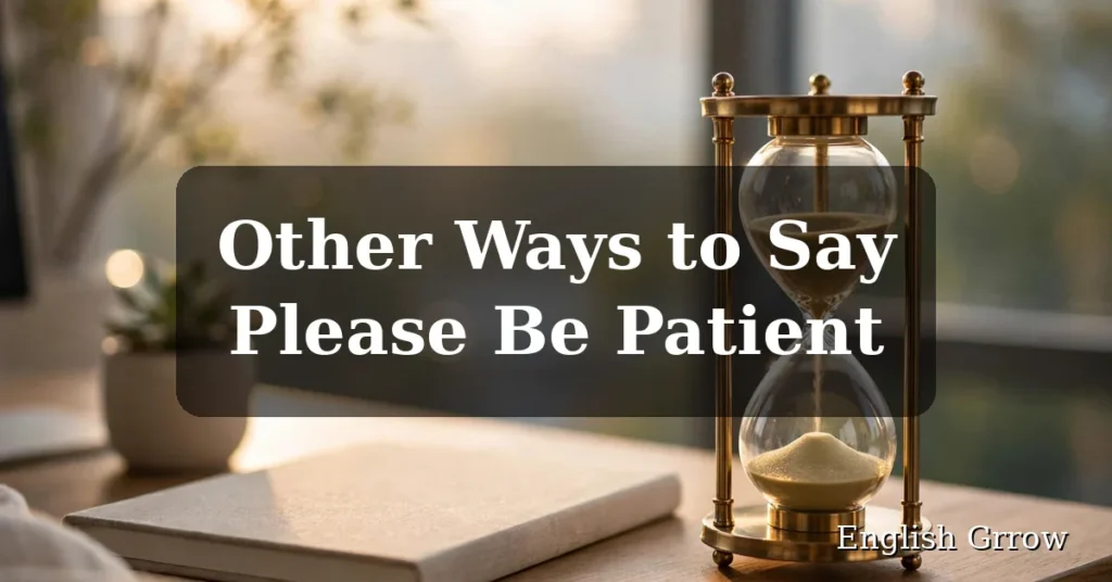 Other ways to say please be patient: calm professional desk with an hourglass in soft morning light