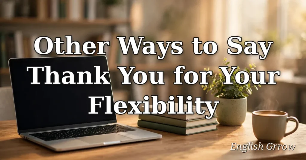 Other ways to say thank you for your flexibility written in elegant white serif text over a warm professional office desk photo