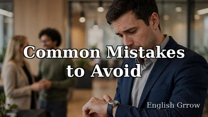 Professional checking his watch with an apologetic look while coworkers wait in an office hallway