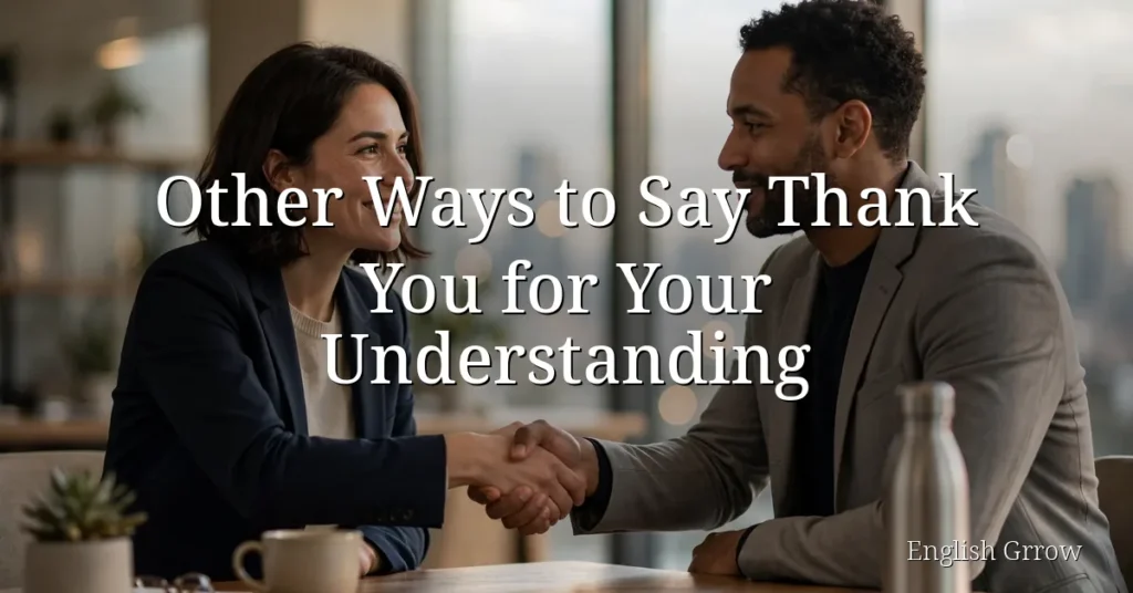 Other ways to say thank you for your understanding: two colleagues shaking hands in a professional office