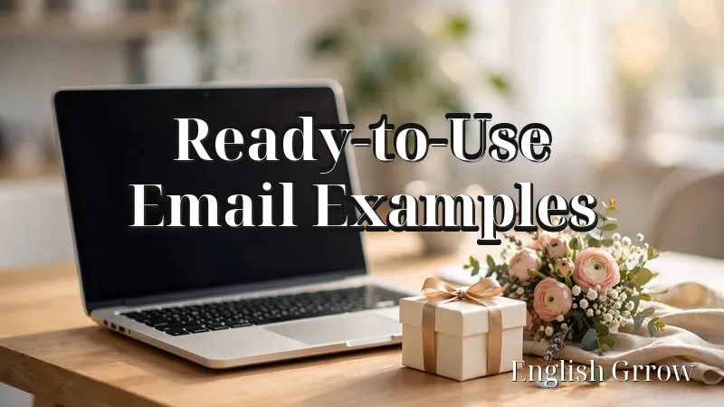 Open laptop on a bright office desk beside a gift box and flowers, illustrating email thank-you examples