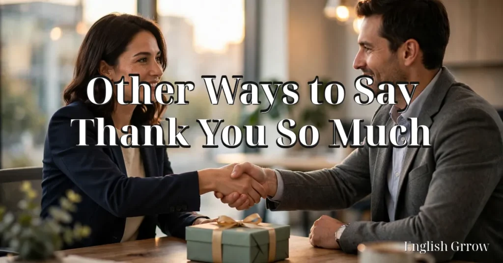 Two professionals shaking hands over a desk with a gift box, illustrating other ways to say thank you so much