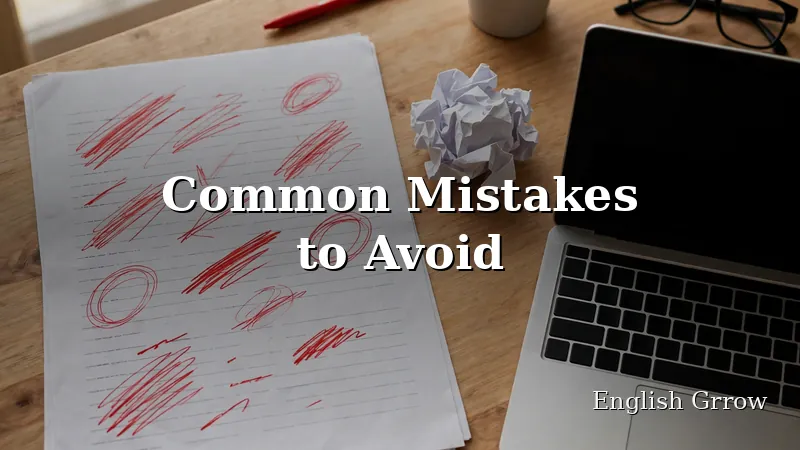 Red warning markers over a printed email draft showing common writing mistakes