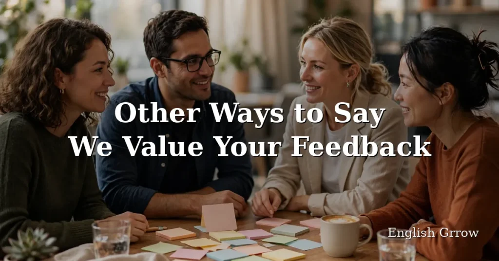Featured illustration for other ways to say we value your feedback showing a warm team meeting with feedback notes