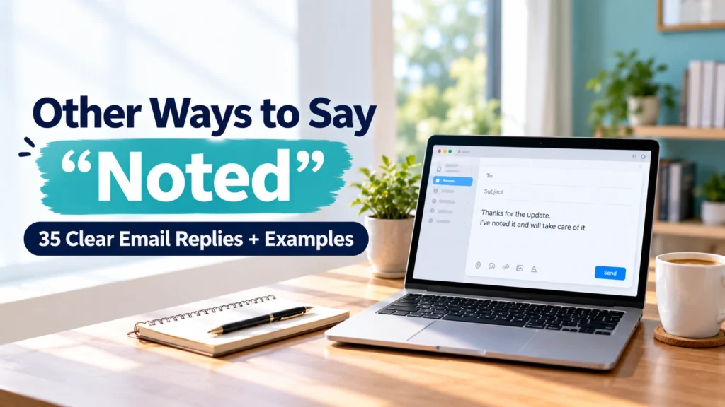 Other ways to say noted for clear replies shown with a laptop email reply on a bright office desk