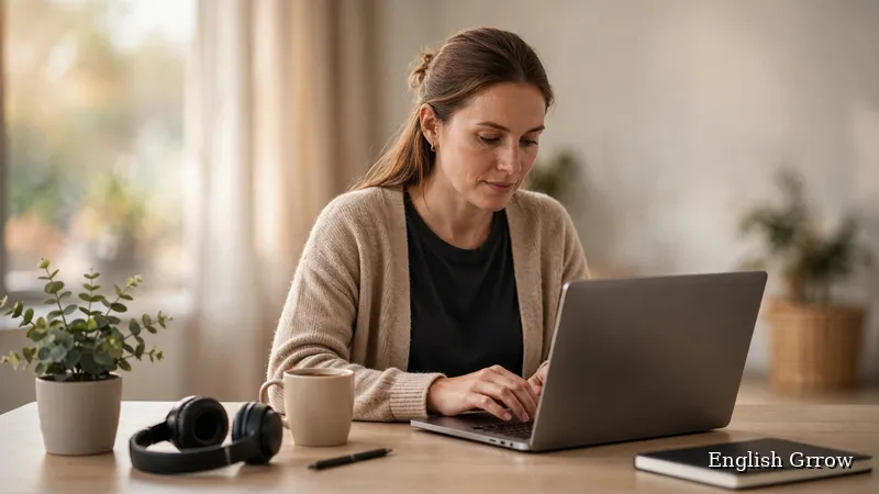 Hands typing a professional email on a laptop at a modern office desk