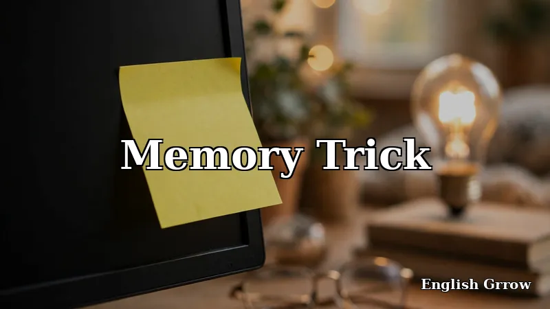 A sticky note on a computer monitor illustrating a memory trick for spelling requester