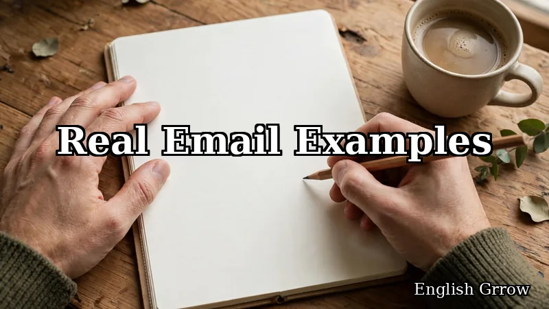 Hands writing a professional thank you email example in a notebook on a wooden desk